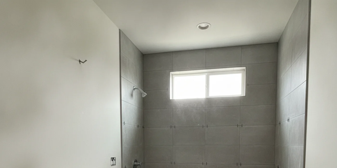 Remodeled bathroom with walk-in tile shower and new vanity in San Mateo
